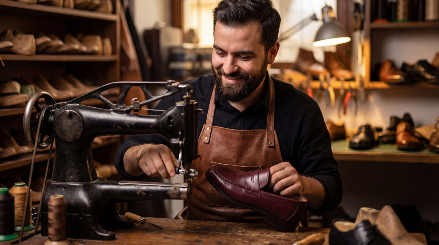 Vue en plongée verticale d'une chaussure mocassin en cours d'assemblage sur forme en bois avec fils de lin cirés tendus créant des lignes géométriques et aiguille courbe plantée dans le cuir, fond sombre uni