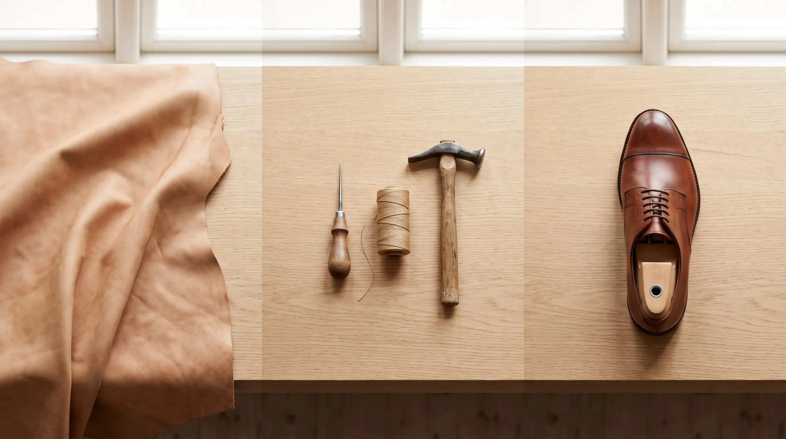 Composition triptyque sur établi en bois montrant la transformation du cuir : cuir végétal brut drapé à gauche, outils de bottier au centre, chaussure derby finie patinée sur forme en bois à droite, lumière naturelle douce