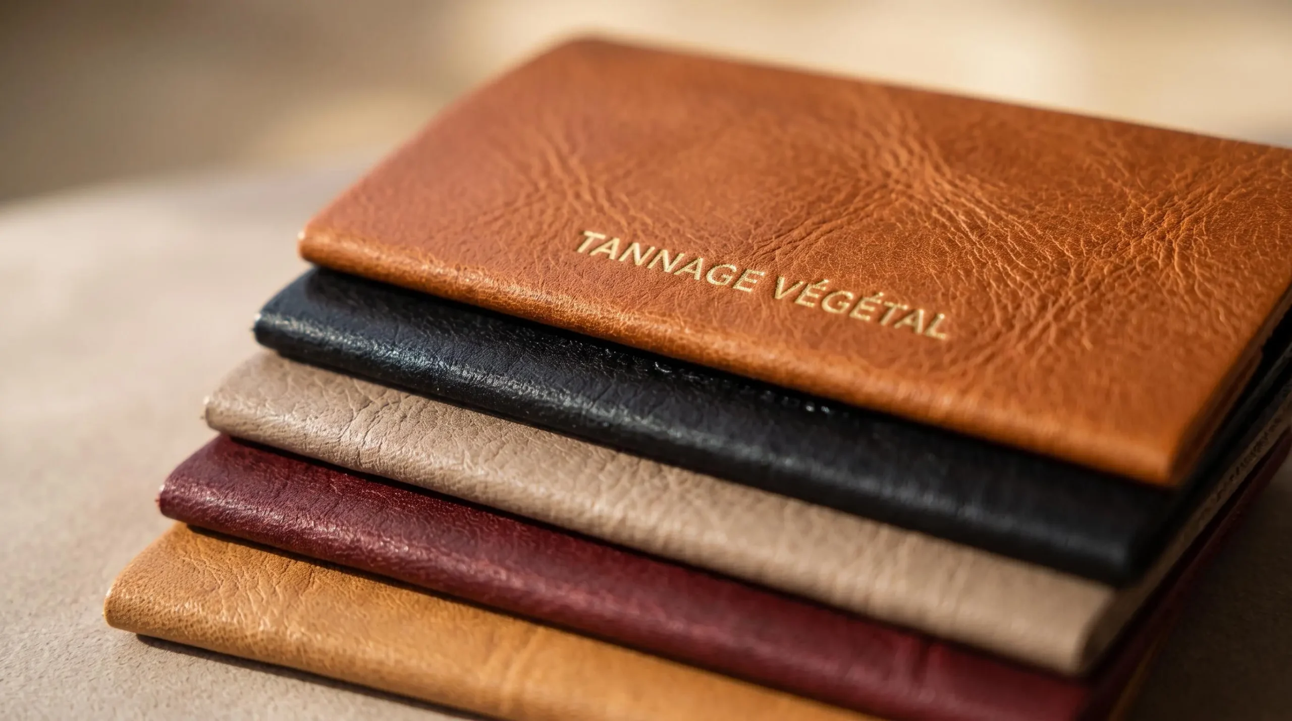 Échantillons de cuirs végétaux superposés de différentes couleurs (cognac, noir, taupe, bordeaux, camel) montrant la richesse des textures et des grains naturels, avec estampille dorée Tannage Végétal visible