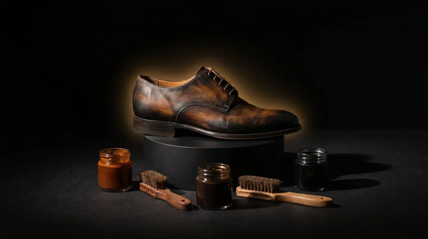 Nature morte avec chaussure derby patinée présentant dégradé cognac-marron-noir sur socle cylindrique noir, entourée de pots de teinture en verre et pinceaux de patine, éclairage latéral dramatique créant ombre portée marquée, fond noir