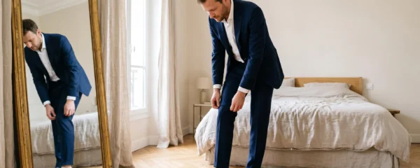 Un homme en costume marine ajuste le revers de son pantalon au-dessus d'une paire de baskets blanches minimalistes devant un miroir.