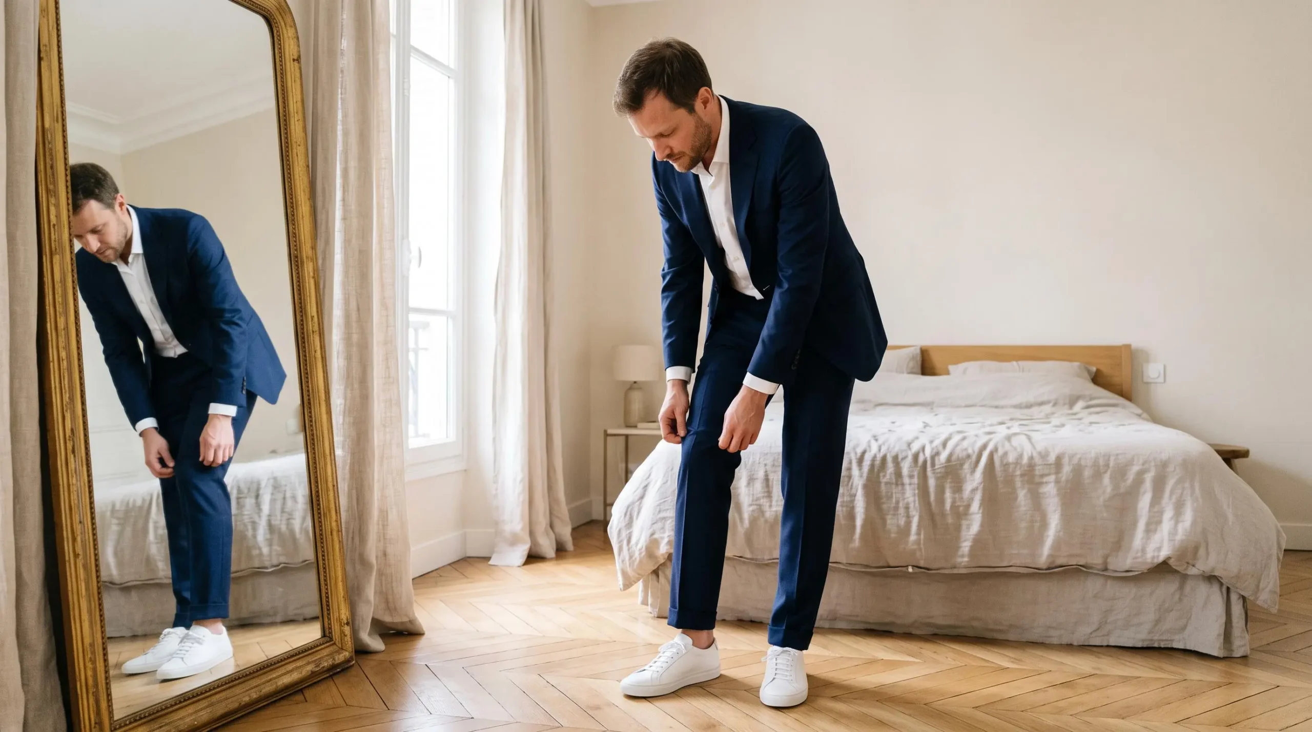 Un homme en costume marine ajuste le revers de son pantalon au-dessus d'une paire de baskets blanches minimalistes devant un miroir.