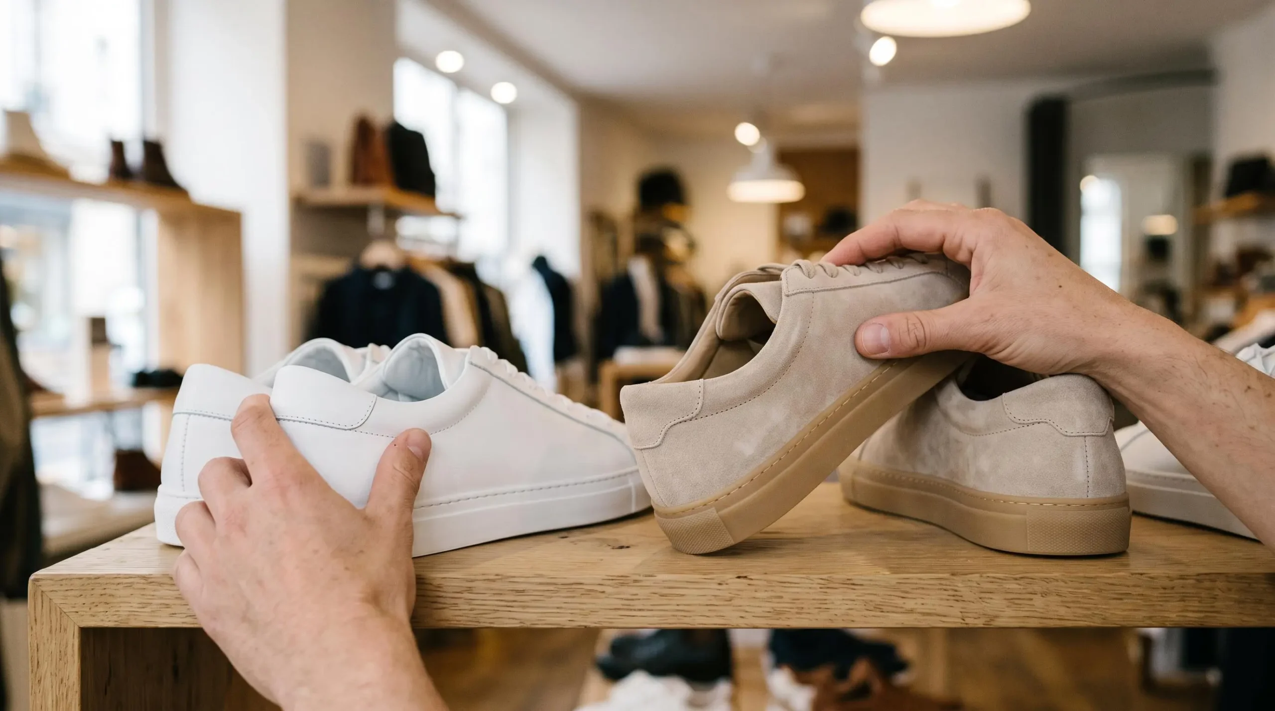 Des mains examinent la matière et les coutures de deux paires de baskets en cuir blanc et daim beige sur un présentoir de boutique.