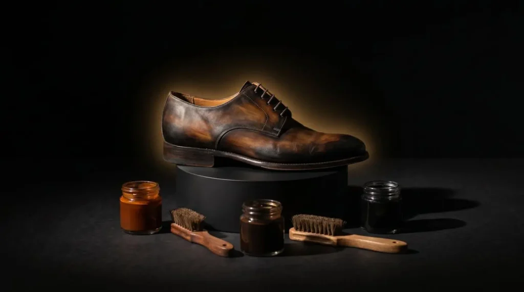 Nature morte avec chaussure derby patinée présentant dégradé cognac-marron-noir sur socle cylindrique noir, entourée de pots de teinture en verre et pinceaux de patine, éclairage latéral dramatique créant ombre portée marquée, fond noir Nature morte avec chaussure derby patinée présentant dégradé cognac-marron-noir sur socle cylindrique noir, entourée de pots de teinture en verre et pinceaux de patine, éclairage latéral dramatique créant ombre portée marquée, fond noir